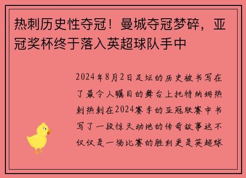 热刺历史性夺冠！曼城夺冠梦碎，亚冠奖杯终于落入英超球队手中