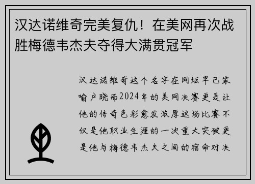 汉达诺维奇完美复仇!在美网再次战胜梅德韦杰夫夺得大满贯冠军