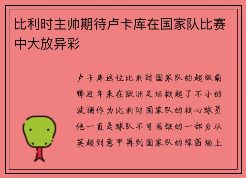 比利时主帅期待卢卡库在国家队比赛中大放异彩